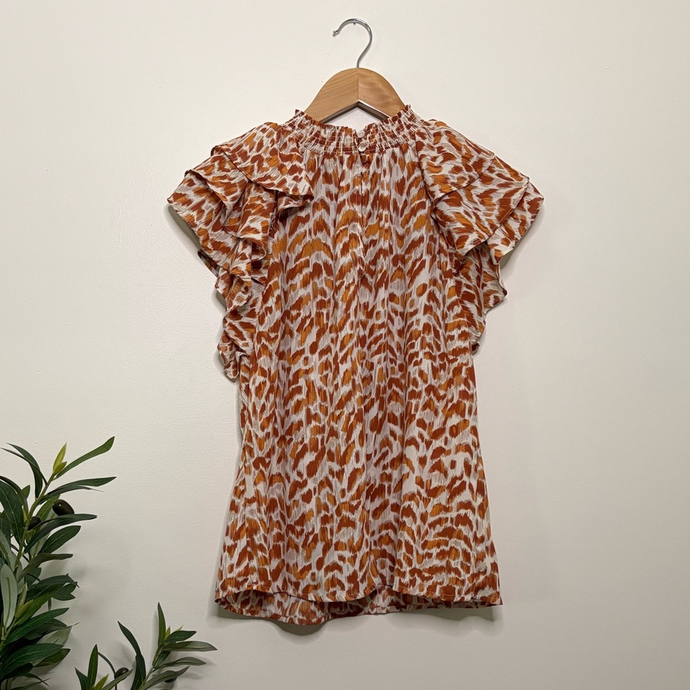 DR2 Women's Ruffle Sleeve Blouse - Orange and White Pattern